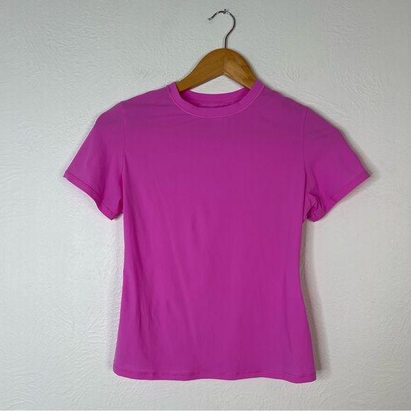 Skims Fitted Crew Neck Tee Hot Pink Fuchsia Stretchy Basic Top Size M Medium - Picture 2 of 5